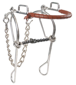 Stainless Steel Hackamore Bit with 8" cheeks, twisted wire sweet iron mouth, curb chain, and leather noseband.