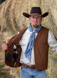 Rugged Texas Concealed Carry Canvas Vest with western yoke, reinforced stitching, and adjustable holsters for concealed carry.