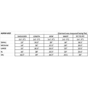 Women's Arizona Vest Sizing Chart displaying detailed measurements to help find the perfect fit for this lightweight, durable cotton canvas vest.