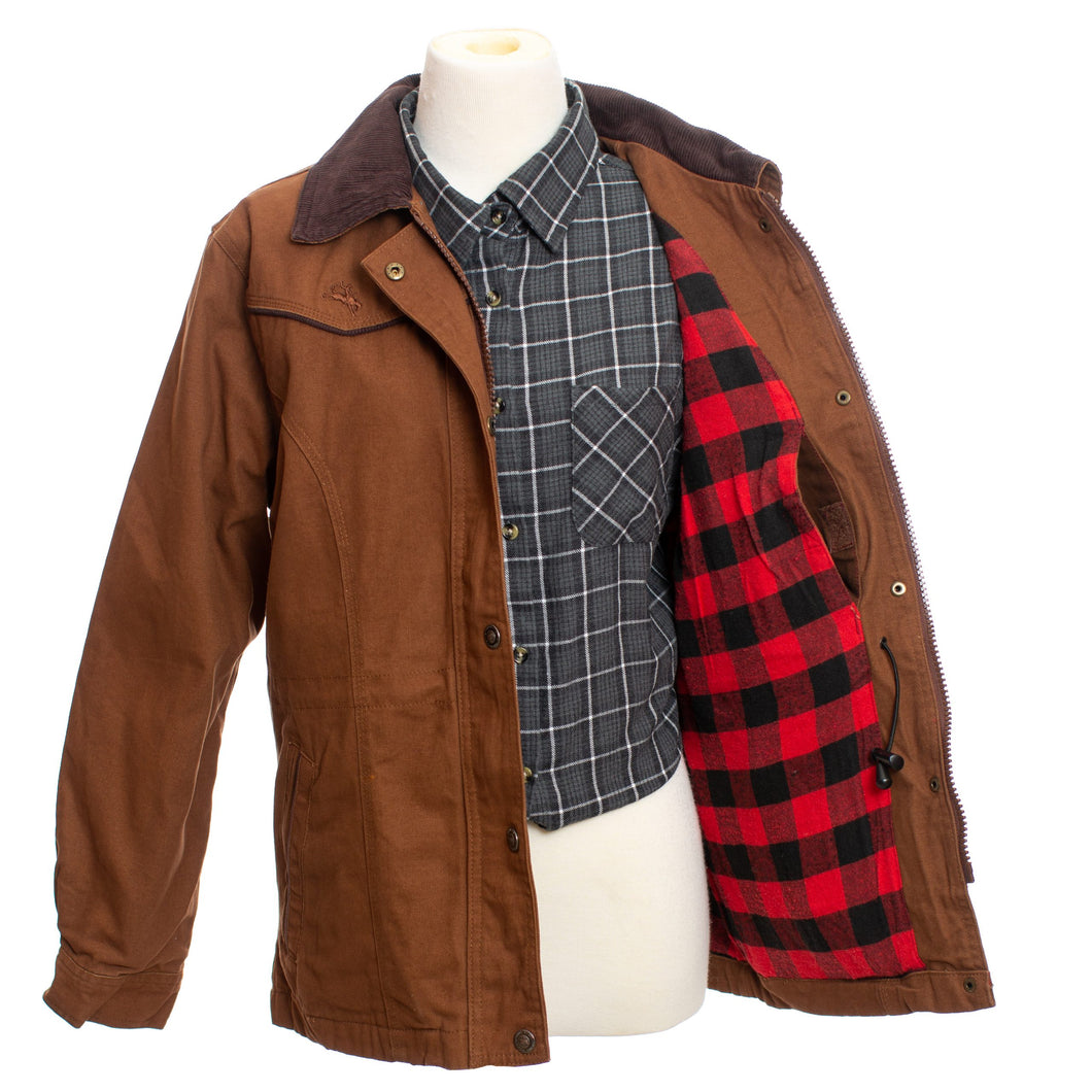 Durable Women's Shoshone Canvas Jacket featuring corduroy collar, plaid lining, adjustable waist, snap wrists, and YKK zipper with storm flap.