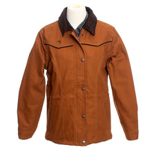 Load image into Gallery viewer, Stylish Women&#39;s Shoshone Canvas Jacket with 12 oz cotton canvas, corduroy collar, plaid lining, snap wrists, and YKK zipper with storm flap. 