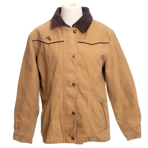 Women's Shoshone Canvas Jacket crafted from 12 oz cotton canvas with corduroy collar, plaid lining, adjustable waist, and YKK zipper with storm flap. 