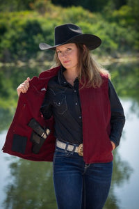 Women’s Calamity Concealed Carry Vest with two holsters, four magazine holders, and front pockets in cotton canvas