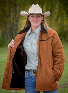 Women's Canvas Ranch Coat with faux fur blanket lining, quilted satin arms, and double snap wrists for a warm, adjustable fit.