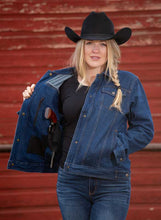 Load image into Gallery viewer, Classic Women&#39;s Denim Concealed Carry Jacket, crafted from 12 oz denim with functional gun holsters inside.