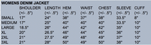 Load image into Gallery viewer, Sizing chart for Women’s Denim Concealed Carry Jacket, featuring detailed measurements for a perfect fit