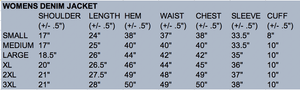 Sizing chart for Women’s Denim Concealed Carry Jacket, featuring detailed measurements for a perfect fit