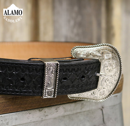 Black Leather Belt With Camel and Waffle Tooling