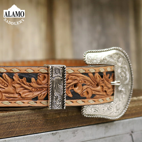Golden Leather Belt With Buck Stitch and Acorn Tooling