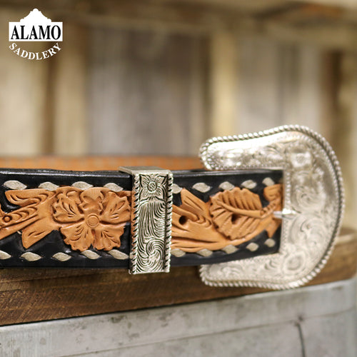 Golden Leather Belt With Buck Stitching Floral Tooling
